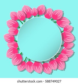 Spring floral background with empty paper card note, vector eps 10 - round floral frame or border, spring concept, cut paper art style
