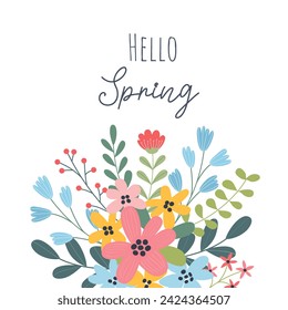 Spring floral background with flowers and leaves on white background. Flat design. Vector illustration for greeting card, banner, poster, social media post.