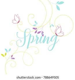 Spring floral background with leaves and butterflies.