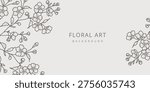 Spring floral background with line art of sakura branch, flowers and leaves. Hand drawn frame. Vector illustration for card, banner, print, poster, cover, wedding invitation, packaging	