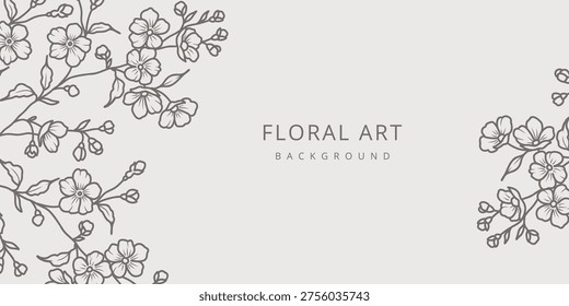 Spring floral background with line art of sakura branch, flowers and leaves. Hand drawn frame. Vector illustration for card, banner, print, poster, cover, wedding invitation, packaging	