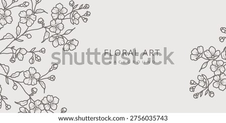 Spring floral background with line art of sakura branch, flowers and leaves. Hand drawn frame. Vector illustration for card, banner, print, poster, cover, wedding invitation, packaging	