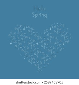 Spring floral background with linear style flowers in white color in the shape of heart. Vector illustration