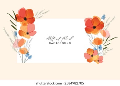 Spring floral background. Luxury wallpaper design with orange flowers, line art. Wildflower frame seamless border.
