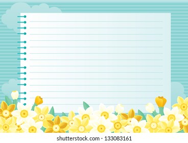 Spring floral background. Many spring flowers and page of   spiral exercise book on abstract background