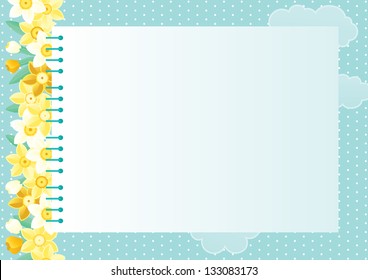 Spring floral background. Many spring flowers and page of   spiral exercise book on abstract background