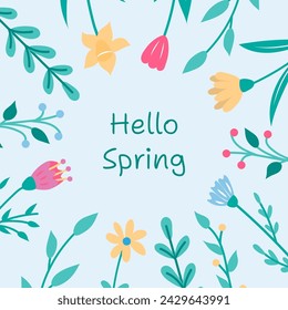 Spring floral background minimalist design with hand drawn flowers and twigs