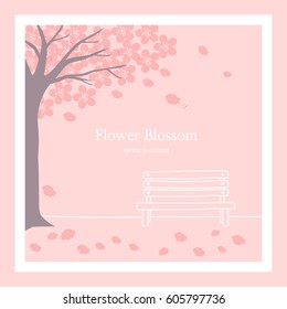 Spring floral background with tree and bench, illustration