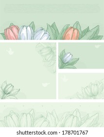 Spring floral backgrounds. Spring  tulips on green backgrounds with places for text at  color engraving style.