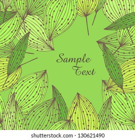 Spring floral banner with leafs. Doodle template for cards, crafts, gifts, arts, covers. Green drawn background with place for text