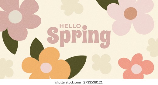 Banner floral de primavera com flores simples e cores pastel macias. Ilustração sazonal fresca, perfeito para cabeçalhos, cartazes, mídias sociais e promoções de primavera
