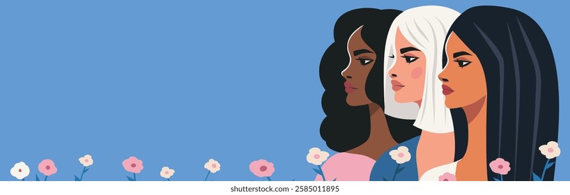 Spring floral banner for Women's Day, Feminism Day. Gender equality and women's empowerment. Portraits of women of different skin colors and hairstyles. For women's holidays, projects