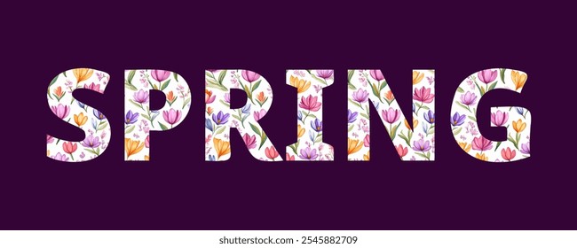 Spring floral banner. The word "SPRING" is laid out from a pattern of watercolor flowers. Spring concept. Vector illustration.