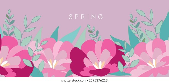  Spring floral  banner,pink flowers background cute  poster with  garden flowers,Trendy design for Mothers Day, 8 March,birthday card