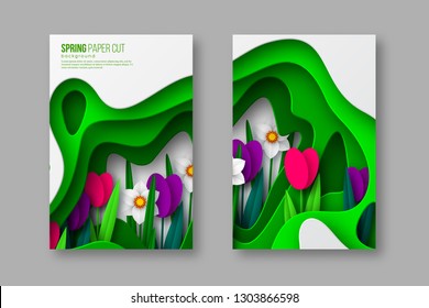 Spring floral banners. Papercraft layered art. Paper cut spring flowers narcissus and tulps on white background. Vector.