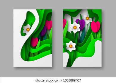 Spring floral banners. Papercraft layered art. Paper cut spring flowers narcissus and tulps on white background. Vector.