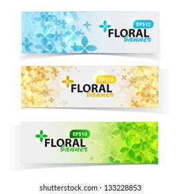 Spring floral banners set. Blue, yellow gold and green