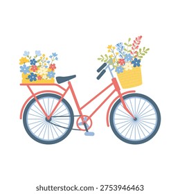 Spring floral bicycle. Pink bicycle with basket of flowers. Icon, logo,  emblem for flower shop. Women's bicycle for trips to nature and city. Vector illustration isolated on white background
