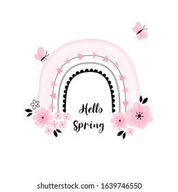 Spring floral bloomed rainbow with butterfly and flowers illustration. Pastel candy pink digital watercolor bow decorative doodle isolated on white background. Whimsical childish drawing for baby girl
