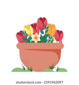 Spring Floral Bouquet in a basket with Tulips and Daffodils Flowers. Festive Greeting Card Design. Cartoon Vector illustration for sticker, labels, greeting cards, promotional materials.