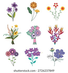 Frühlingsblumenstrauß-Kollektion. Vektor bunte Blumensträuße für Hochzeit Einladung oder Grußkarte Dekoration einzeln auf weiß