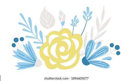 Spring floral bouquet isolated clipart, blue and yellow baby flowers - rose and cornflower on white background, floral nursery cartoon compositions, cute vector kids illustration