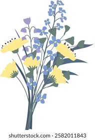 spring floral bouquet, in minimalistic style, yellow, blue, purple flowers, daisies, colacols, pastel shades