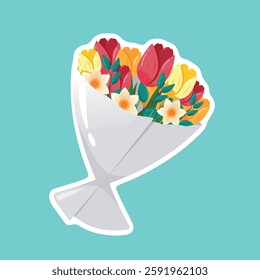 Spring Floral Bouquet with Tulips and Daffodils Flowers. Festive Greeting Card Design. Cartoon Vector illustration for sticker, labels, greeting cards, promotional materials.