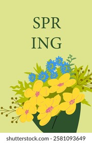 Spring floral bouquet with yellow and blue flowers on green background.