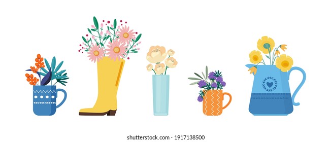 Spring floral bouquets. Summer flowers in rain boot, kettle cups. Beautiful rural style gift vector illustration