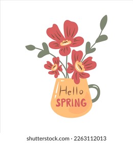 Spring floral bunch in mug vector illustration. Cute hand drawn flowers in cup with spring greetings inscription, Vector illustration with handwritten text