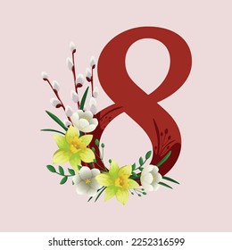 Spring floral card with number 8, daffodils, mini tulips and willow - vector illustration on the theme of spring, International Women's Day, mother's day, grandmother