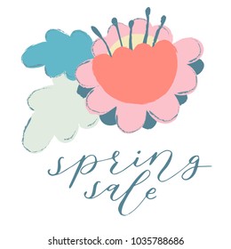 Spring floral card, tag, label with plants, quotes, calligraphy, flowers, leaf. Hand sketched lettering typography. Vector illustration.