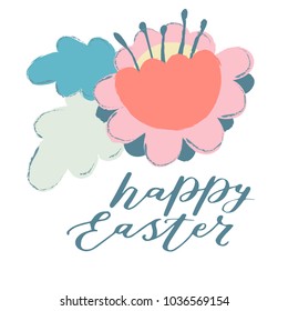 Spring floral card, tag, label with plants, quotes, calligraphy, flowers, leaf. Hand sketched lettering typography. Vector illustration.