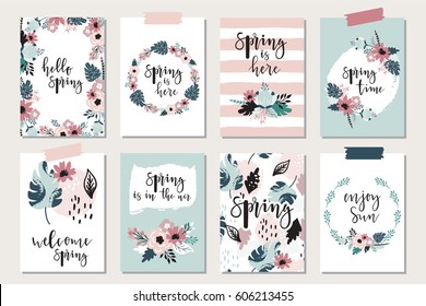 Spring floral cards with blossom and lettering. Springtime poster. Vector illustration.