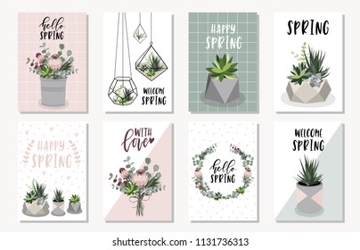 Spring floral cards with flower, protea, cactus and lettering. Wedding template. Springtime poster. Vector illustration.