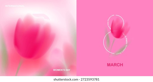 Spring floral cards set. Blurred gradient ethereal flowers. Pink macro flowers. 8 March greeting card. Spring blooming field with tulips. Square natural landscape.
