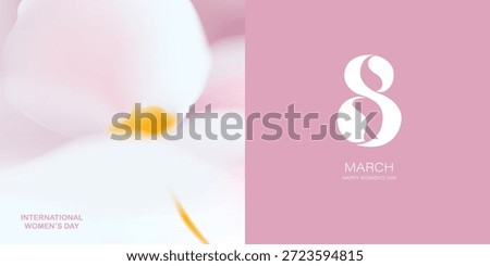 Spring floral cards set. Blurred gradient ethereal white flower. 8 March greeting card. Square natural landscape. Number 8 design. 