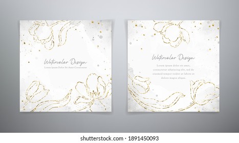 Tarjetas florales de primavera. Establecer plantillas de acuarela vectorial en colores azul y dorado. Diseño acuático con tubos dorados para volante, tarjeta de regalo, tarjeta de invitación, banner