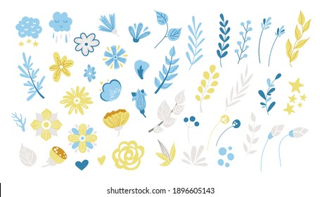 Spring floral cartoon clipart, blue and yellow flowers, brunches, leaves isolated on white background, floral nursery design elements bundle, cute vector kids illustration