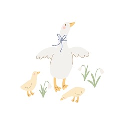 Spring Floral Cartoon Print With Cute Goose. Happy Easter Print In Flat Style And Pastel Colors. Mom And Baby