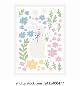 Spring floral cartoon print with cute bunny. Happy Easter print in flat style and pastel colors