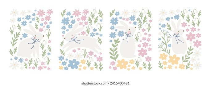 Spring floral cartoon print with cute bunny. Happy Easter print in flat style and pastel colors