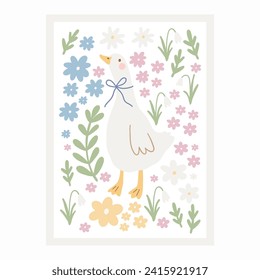 Spring floral cartoon print with cute goose. Happy Easter print in flat style and pastel colors