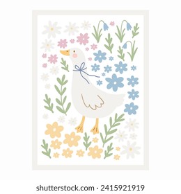 Spring floral cartoon print with cute goose. Happy Easter print in flat style and pastel colors