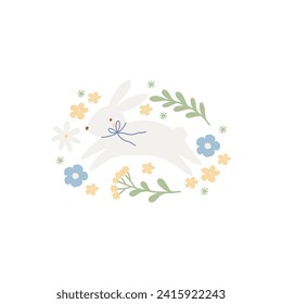 Spring floral cartoon print with cute bunny. Happy Easter print in flat style and pastel colors