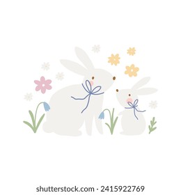 Viñeta floral de primavera con un lindo conejito. Happy Easter print en estilo plano y colores pastel. Mamá y bebé