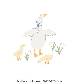 Spring floral cartoon print with cute goose. Happy Easter print in flat style and pastel colors. Mom and baby