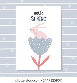 Spring floral cartoon print with cute bunny. Happy Easter print in flat style and pastel colors