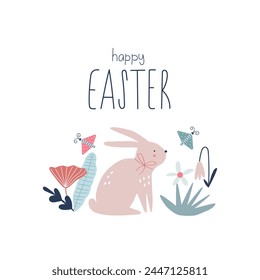 Spring floral cartoon print with cute bunny. Happy Easter print in flat style and pastel colors